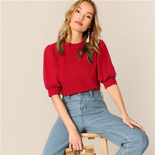 Load image into Gallery viewer, SHEIN Ladies Casual Green Puff Sleeve Keyhole Back Solid Top And Blouse Women 2019 Summer Workwear Half Sleeve Elegant Blouses