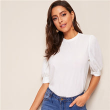 Load image into Gallery viewer, SHEIN Ladies Casual Green Puff Sleeve Keyhole Back Solid Top And Blouse Women 2019 Summer Workwear Half Sleeve Elegant Blouses