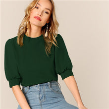 Load image into Gallery viewer, SHEIN Ladies Casual Green Puff Sleeve Keyhole Back Solid Top And Blouse Women 2019 Summer Workwear Half Sleeve Elegant Blouses