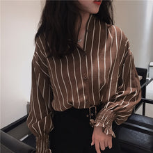 Load image into Gallery viewer, 2017 Autumn Spring Vintage Shirts Women Striped Slim Stand collar Women Casual Shirts Ladies Classic Style Shirts Female Loose
