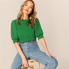 Load image into Gallery viewer, SHEIN Ladies Casual Green Puff Sleeve Keyhole Back Solid Top And Blouse Women 2019 Summer Workwear Half Sleeve Elegant Blouses