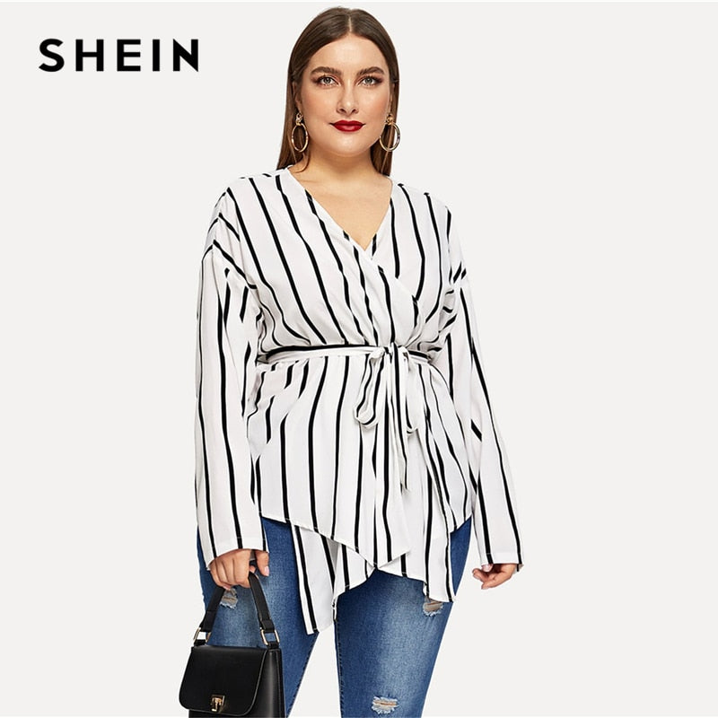 SHEIN White Asymmetrical Plus Size V-neck Belted Striped Blouses