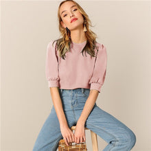 Load image into Gallery viewer, SHEIN Ladies Casual Green Puff Sleeve Keyhole Back Solid Top And Blouse Women 2019 Summer Workwear Half Sleeve Elegant Blouses