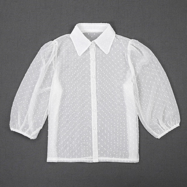 See-through Women Mesh Sheer Blouse Top Shirts Transparent Lace Puff Sleeve Tops Woman Summer Casual Blouses Female Cover Up